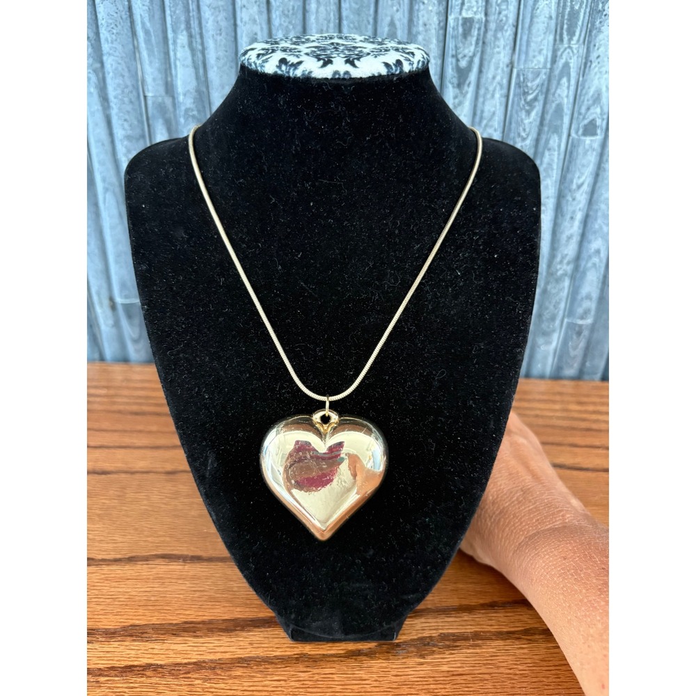 Gold Tone Puffed‎ Heart Pendant Necklace Snake Chain Adjustable Lobster Clasp